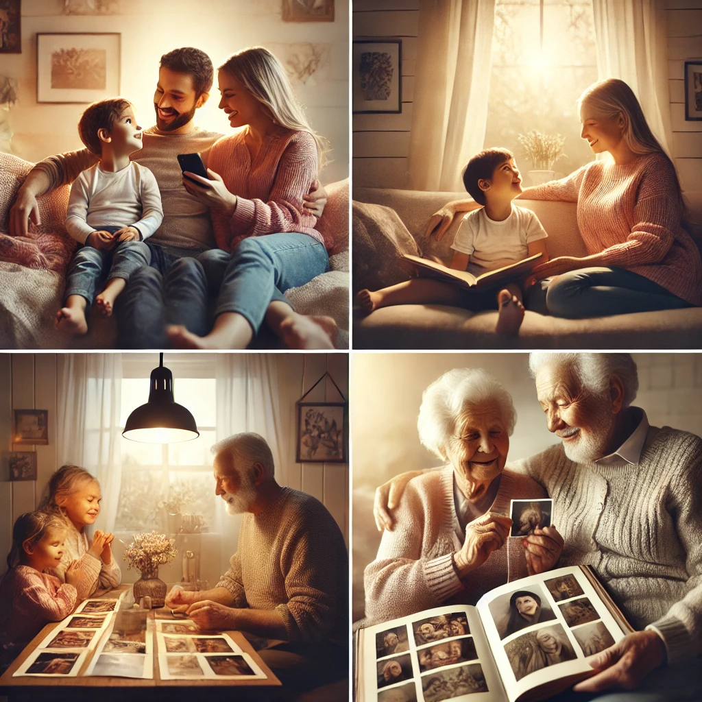 DALL·E 2024-11-05 17.03.29 - A set of 4 high-quality, cohesive images designed for a website homepage banner and to illustrate the concept of Mémorify, a memory-preservation platf